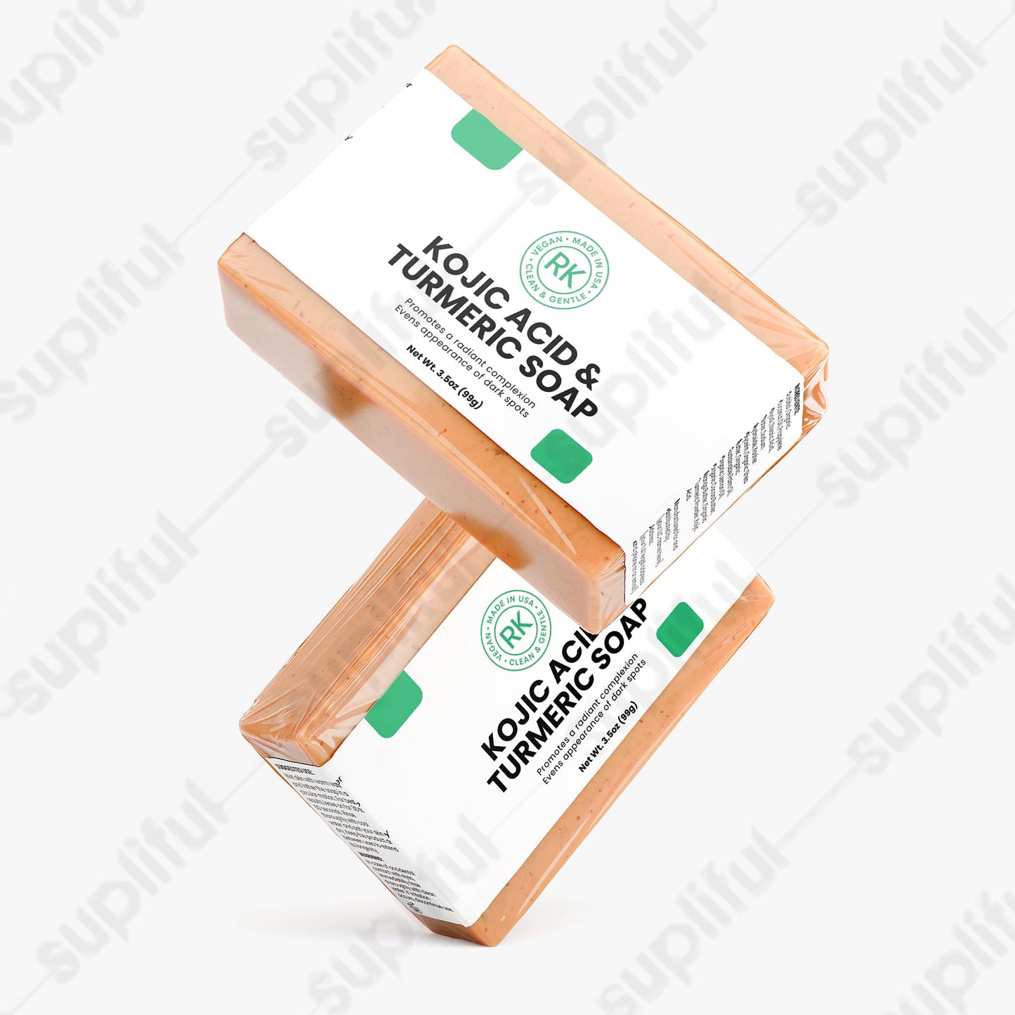 Two bars of Kojic Acid & Turmeric Soap on a white background