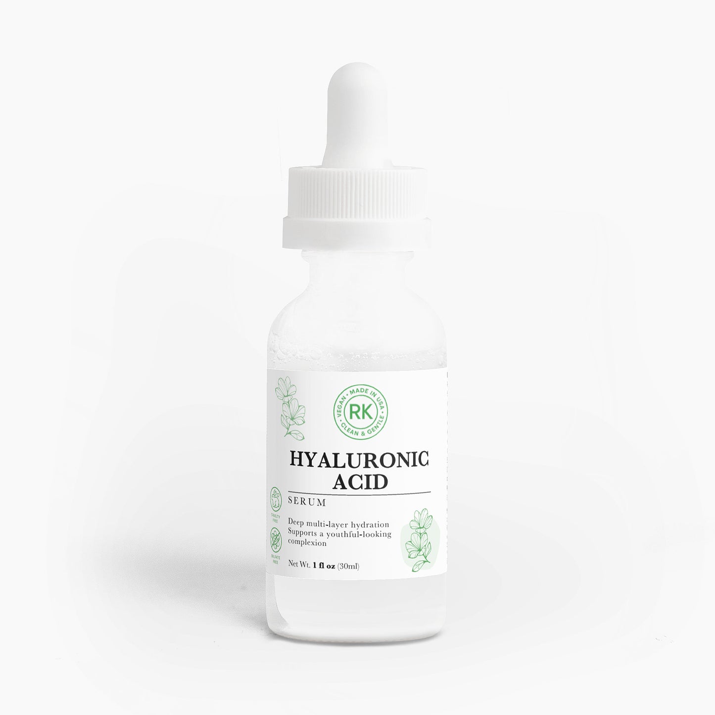Hyaluronic acid serum bottle with RK logo on a white background