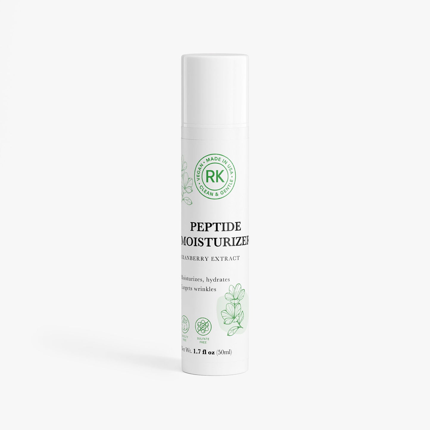 Peptide moisturizer bottle with RK logo on a white background