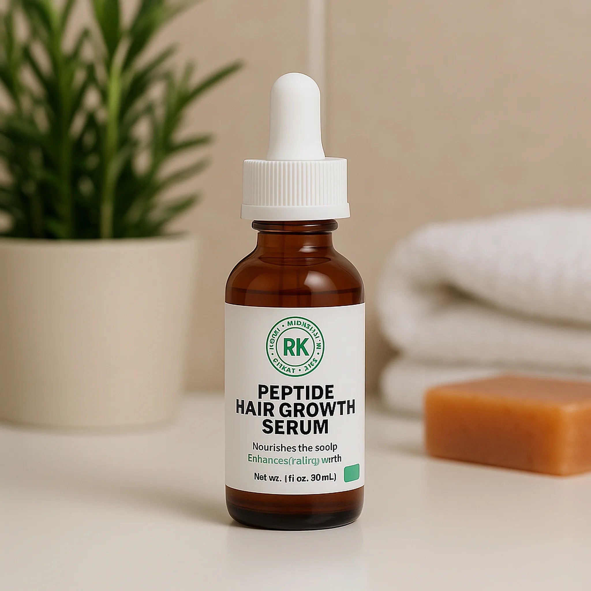 Peptide hair growth serum bottle with a plant and soap in the background