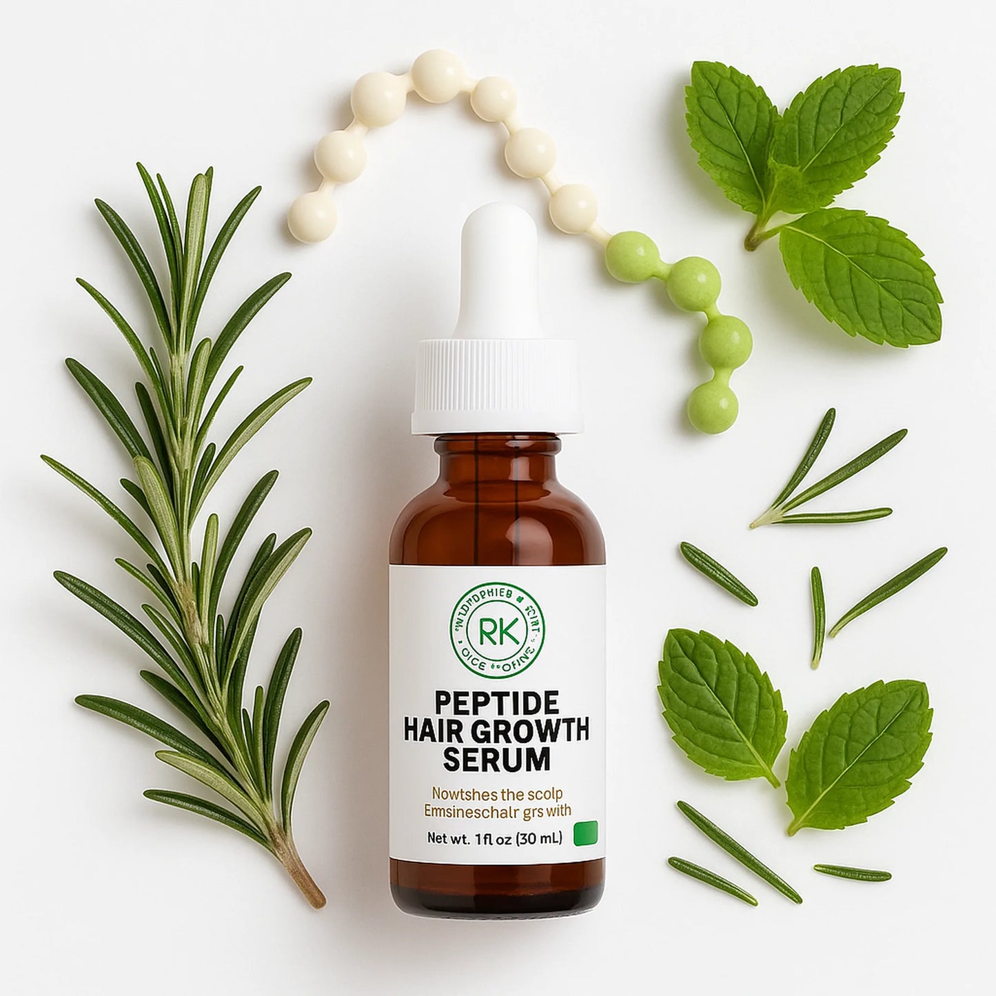 Peptide hair growth serum bottle with green leaves and herbs on a white background