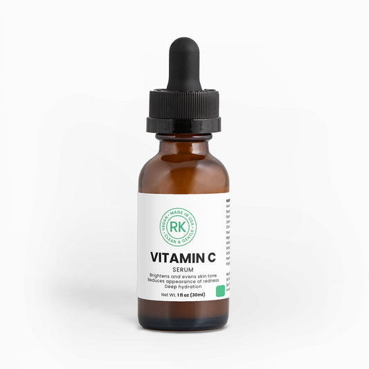 Brown glass bottle with dropper labeled 'Vitamin C Serum' on a white background