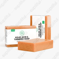 Kojic acid and turmeric soap with packaging on a white background