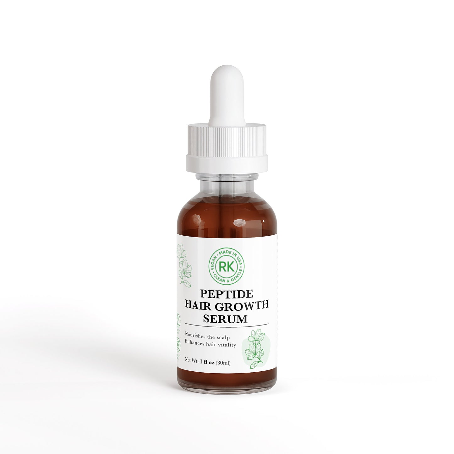 Bottle of peptide hair growth serum with dropper on a white background
