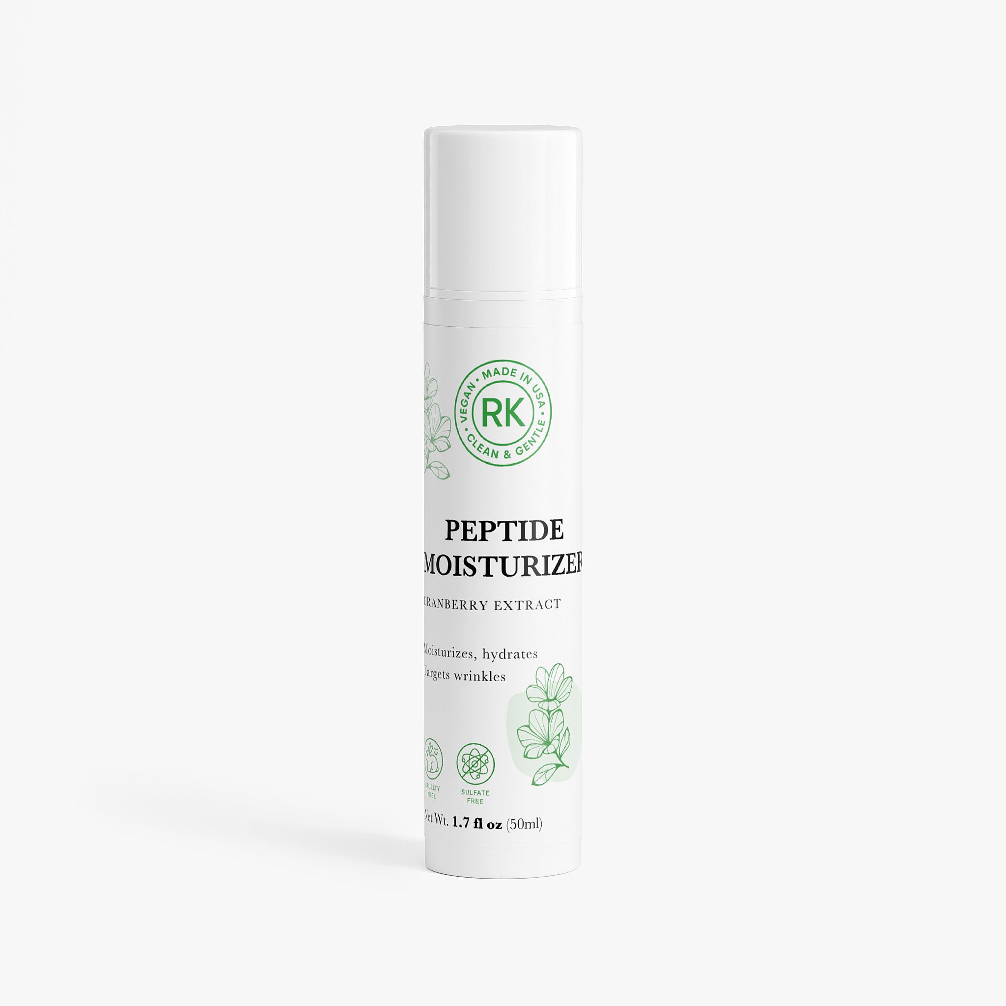 Peptide moisturizer bottle with RK logo on a white background