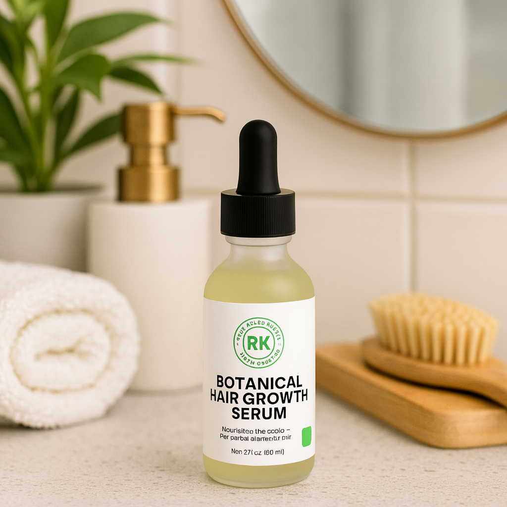Botanical hair growth serum bottle with dropper on a bathroom counter.